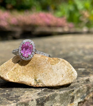 Load image into Gallery viewer, Pink Sapphire and DIamond Halo Ring in 18ct White Gold