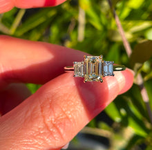 Load image into Gallery viewer, Pale Yellow and White Diamond Emerald-Cut Trilogy Ring