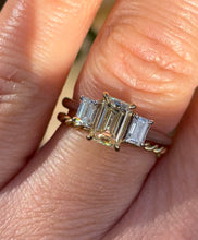 Load image into Gallery viewer, Pale Yellow and White Diamond Emerald-Cut Trilogy Ring