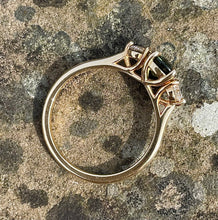 Load image into Gallery viewer, Teal Green Sapphire and Diamond Trilogy Ring in Gold
