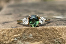 Load image into Gallery viewer, Teal Green Sapphire and Diamond Trilogy Ring in Gold