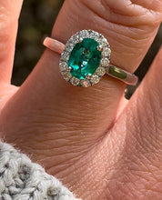 Load image into Gallery viewer, Emerald and Diamond Halo Cluster ring in 18ct White Gold