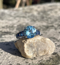 Load image into Gallery viewer, *SALE* Unique Aquamarine, Sapphire and Diamond ring in Platinum