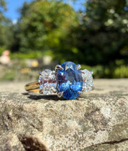 Load image into Gallery viewer, Ceylon Sapphire and Natural Diamond Oval Trilogy Ring in 18ct Gold and Platinum

