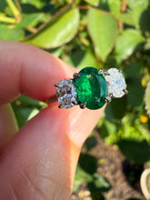 Load image into Gallery viewer, Fine Emerald and Diamond Trilogy ring in Platinum and 18ct Gold.
