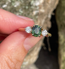 Load image into Gallery viewer, Teal Green Sapphire and Diamond Trilogy Ring in Gold
