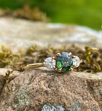 Load image into Gallery viewer, Teal Green Sapphire and Diamond Trilogy Ring in Gold
