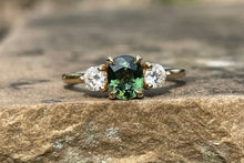 Load image into Gallery viewer, Teal Green Sapphire and Diamond Trilogy Ring in Gold
