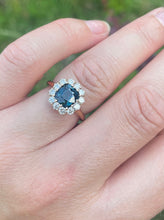 Load image into Gallery viewer, Teal Sapphire and Diamond Cluster Ring in 18ct Yellow Gold
