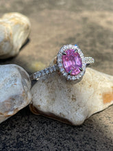 Load image into Gallery viewer, Pink Sapphire and DIamond Halo Ring in 18ct White Gold
