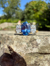 Load image into Gallery viewer, Ceylon Sapphire and Natural Diamond Oval Trilogy Ring in 18ct Gold and Platinum
