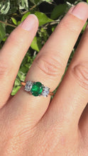 Load and play video in Gallery viewer, Fine Emerald and Diamond Trilogy ring in Platinum and 18ct Gold.
