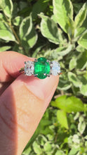 Load and play video in Gallery viewer, Fine Emerald and Diamond Trilogy ring in Platinum and 18ct Gold.

