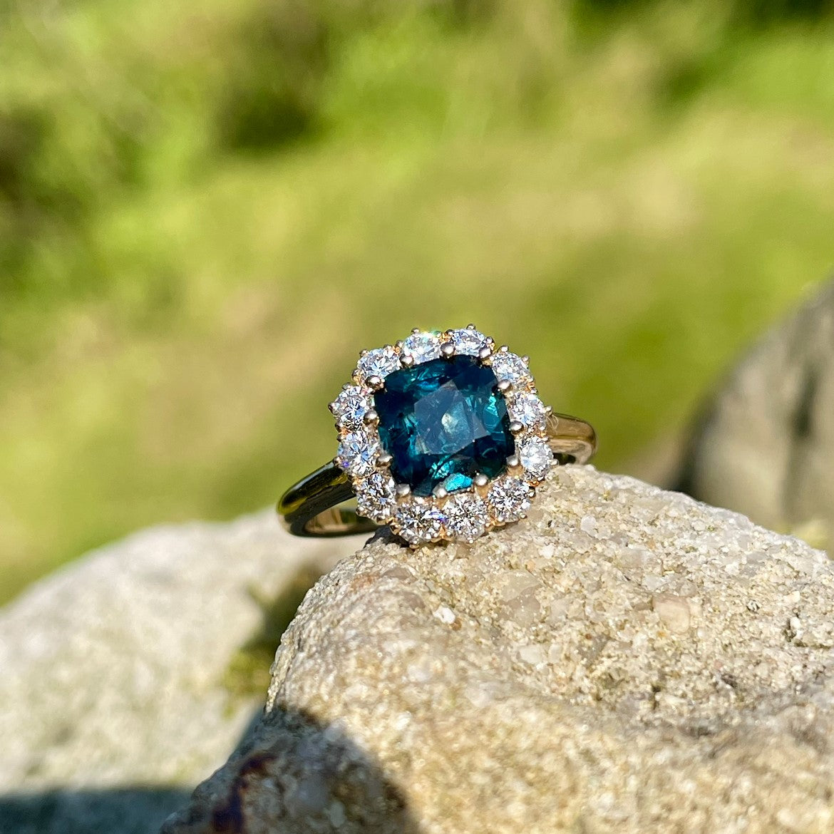 Teal Sapphire and Diamond Cluster Ring in 18ct Yellow Gold