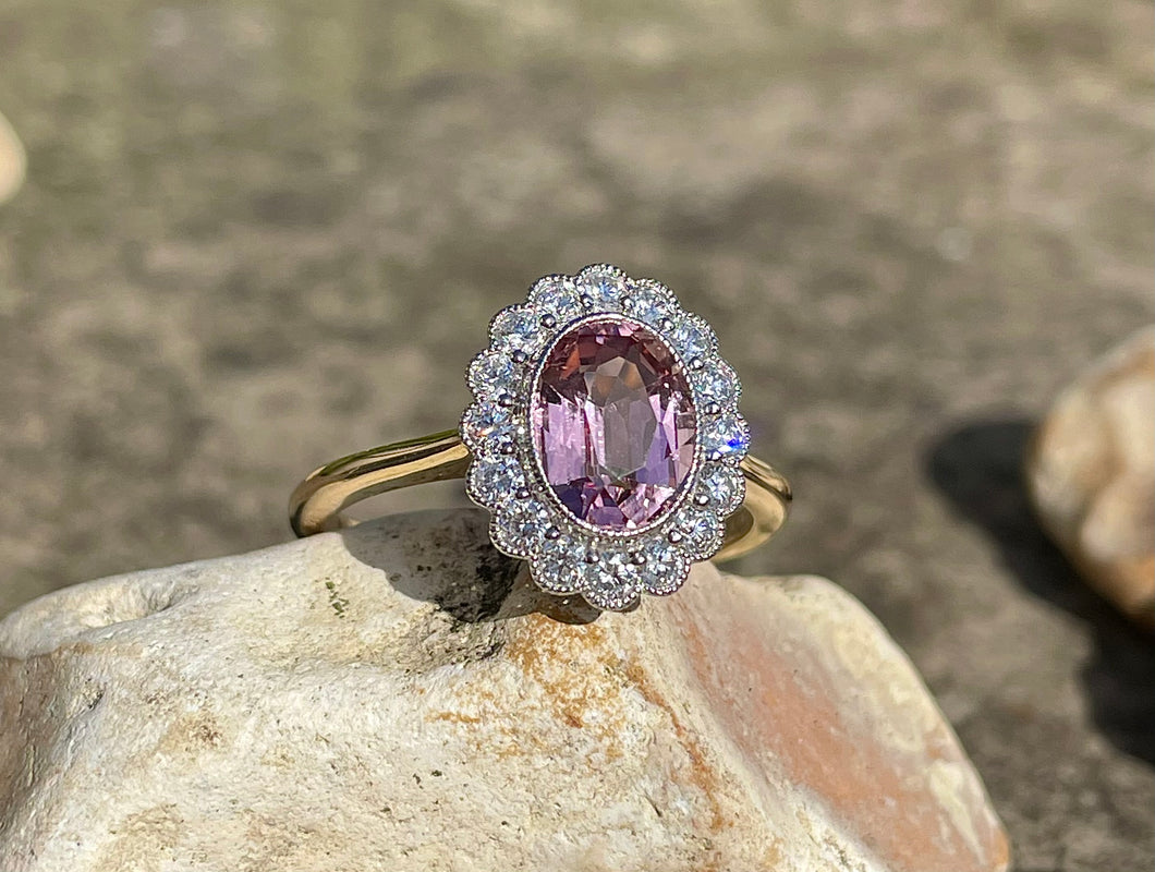 Blush Pink Tourmaline and Diamond Vintage Style Cluster Ring