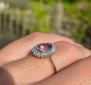 Blush Pink Tourmaline and Diamond Vintage Style Cluster Ring