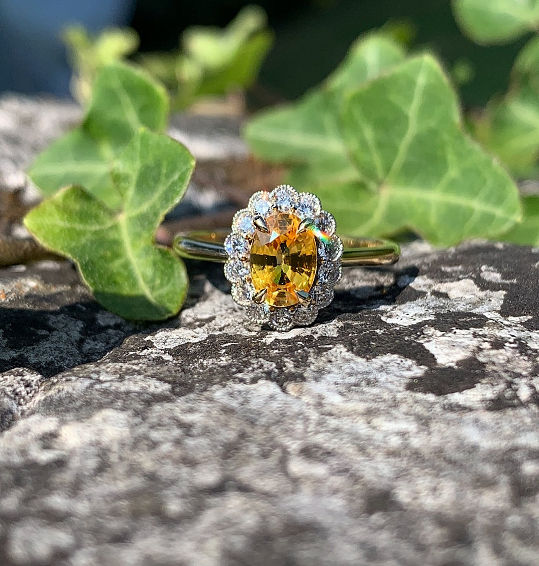 Yellow Sapphire and Diamond Daisy Cluster Ring in White and Yellow Gold