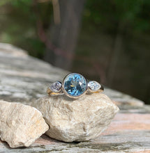Load image into Gallery viewer, Beautiful Aquamarine and Diamond Trilogy ring in 18ct white and yellow gold
