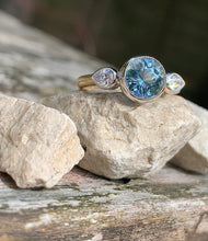Load image into Gallery viewer, Beautiful Aquamarine and Diamond Trilogy ring in 18ct white and yellow gold
