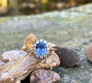 Ceylon Sapphire and Diamond Cluster Ring in 18ct Yellow Gold and Platinum