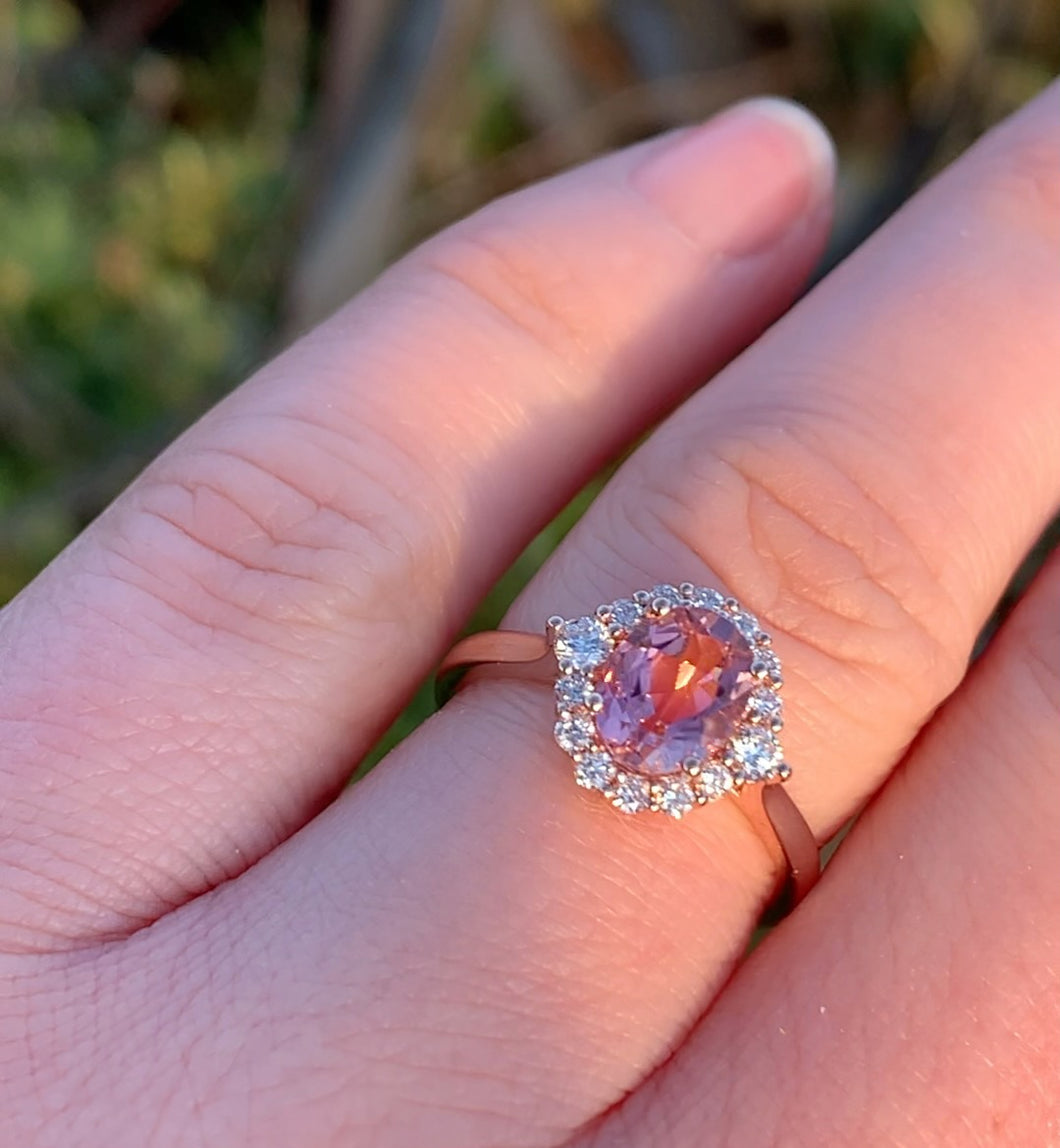 Wonderful Blush Pink Tourmaline and Diamond East-West Halo Ring in Rose Gold