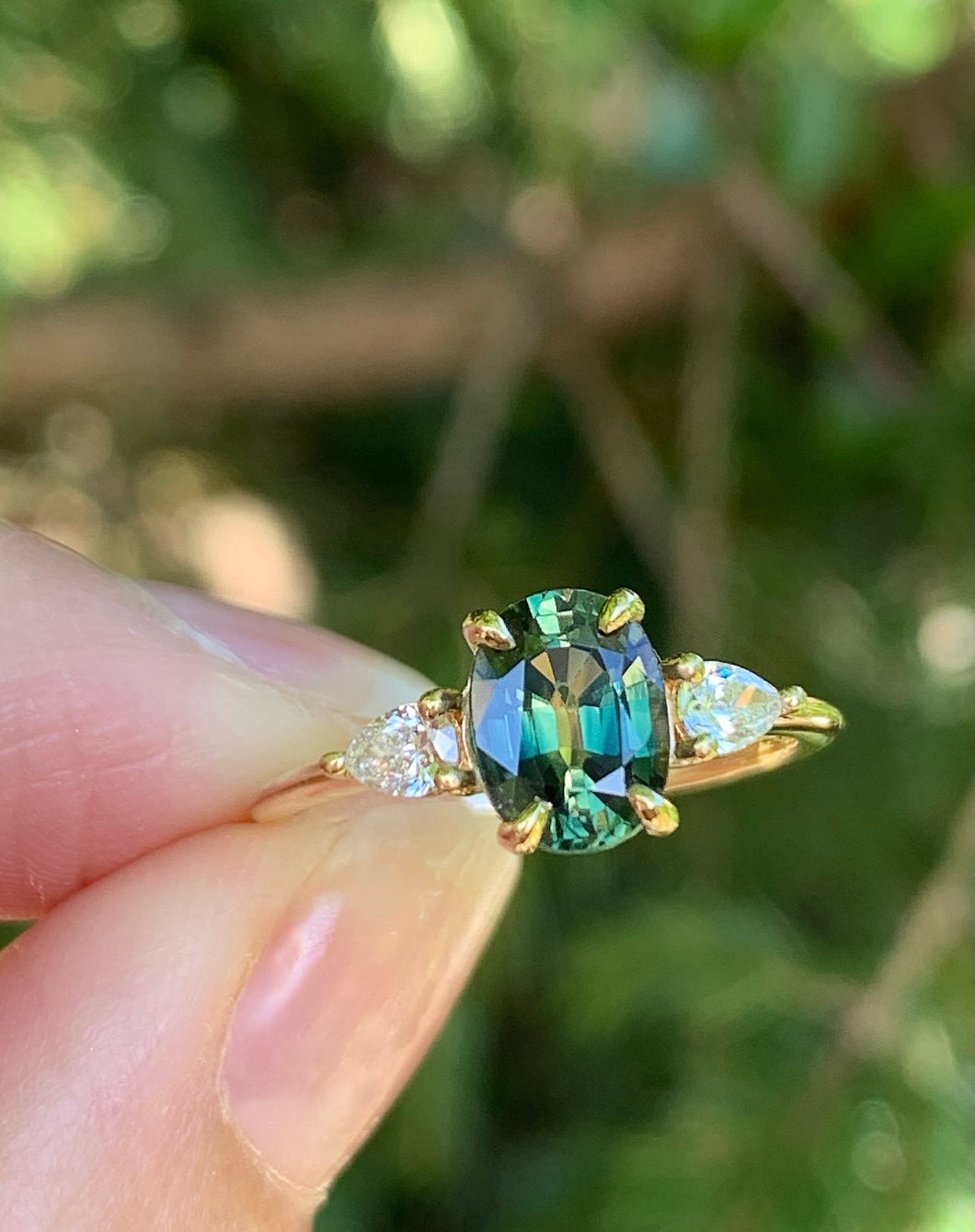 Stunning Teal and Green Parti Sapphire and Diamond Trilogy Ring