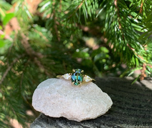 Stunning Teal and Green Parti Sapphire and Diamond Trilogy Ring