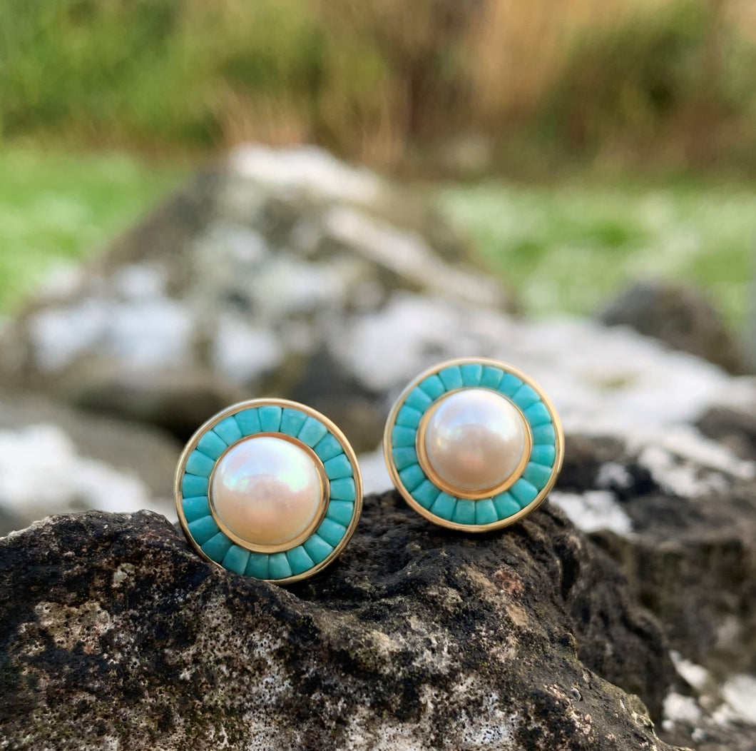 Incredible Natural Pearl and Turquoise Statement Earrings in Yellow Gold