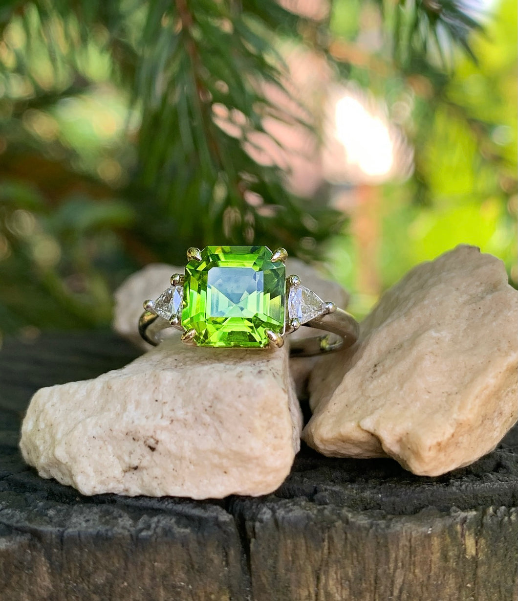 Stunning Asscher Cut Peridot and Diamond Ring in 14ct Yellow and White Gold