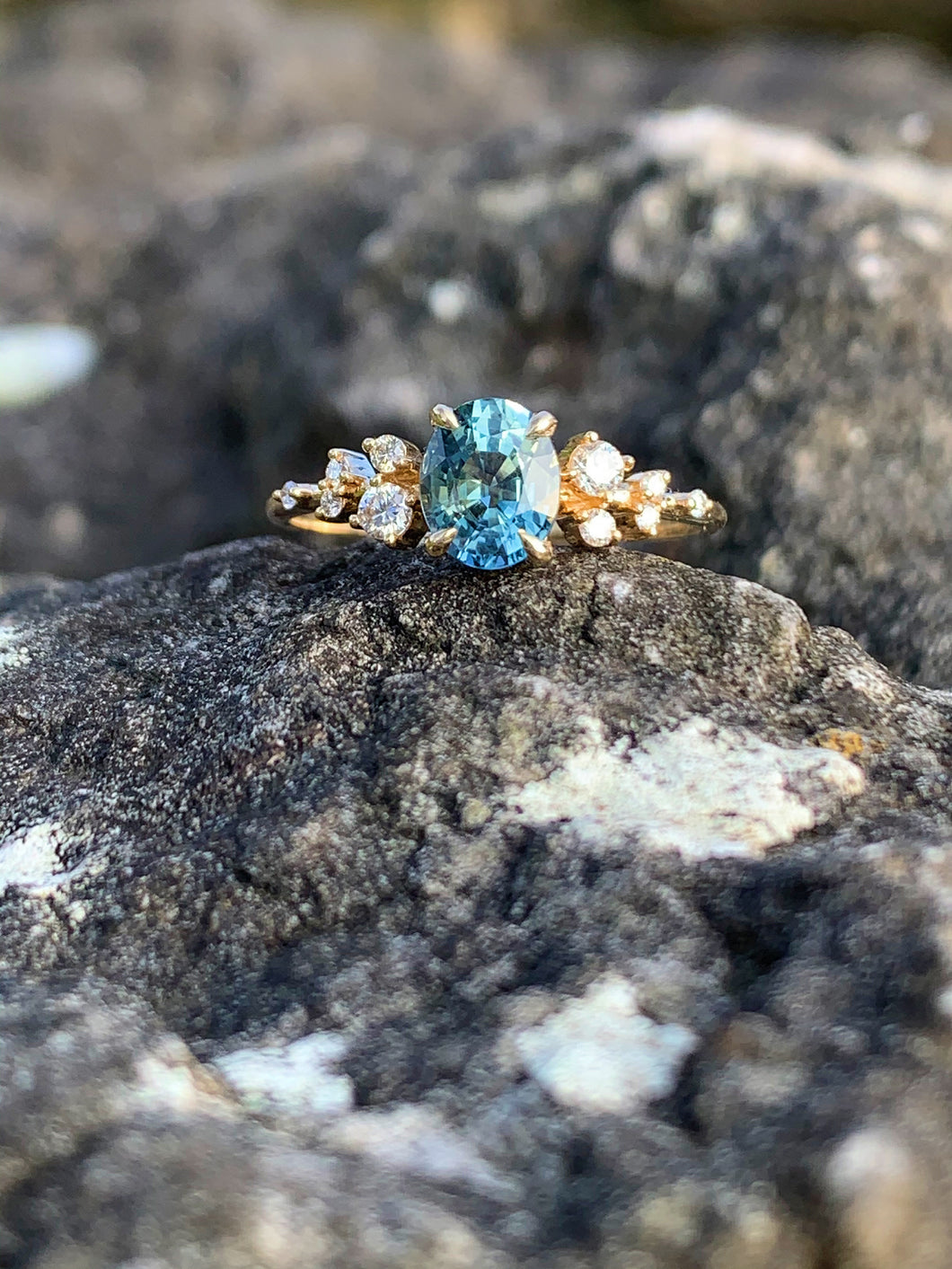 Teal Sapphire and Diamond Scatter Ring