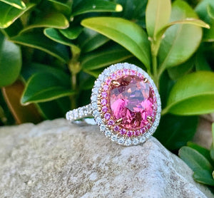 Huge Fine Pink Tourmaline Ring with Pink Sapphire and Diamond Double Halo